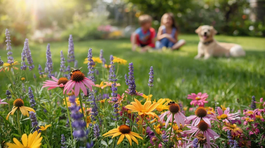 Two kids and a dog relaxing on a green lawn behind a pollinator garden of coneflowers and lavender with bees