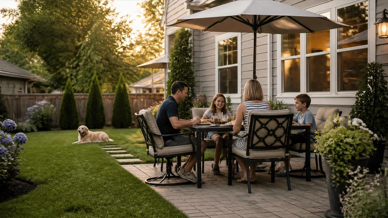Family enjoying a green backyard treated with natural mosquito control by Clean Air Mosquito Control